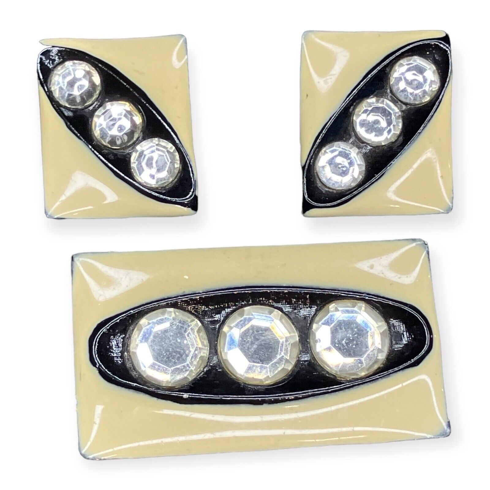 Vtg Art Deco Post Earrings Brooch Set Rectangle Black Cream Enamel Rhinestones 32$